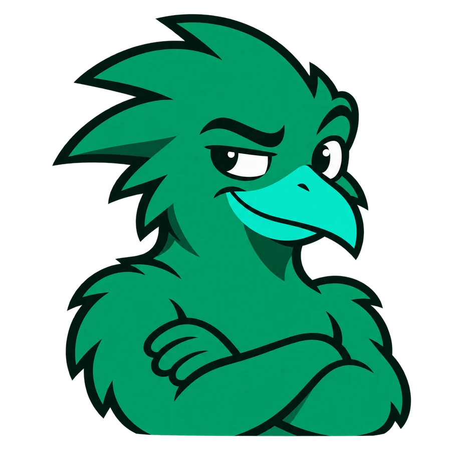 Tito, a green bird with folded arms and a skeptical expression.